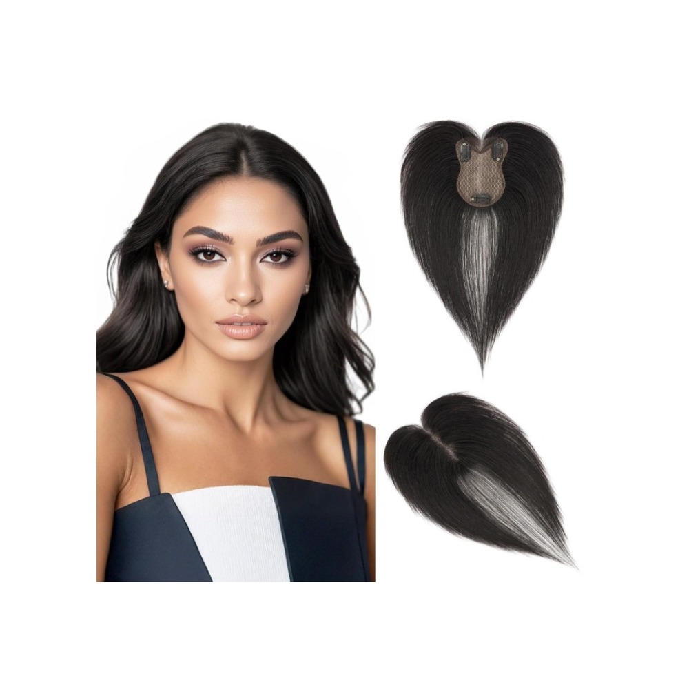 Real Human Hair Topper 11" Natural Black Lace Base Clip In Wiglet No Bangs